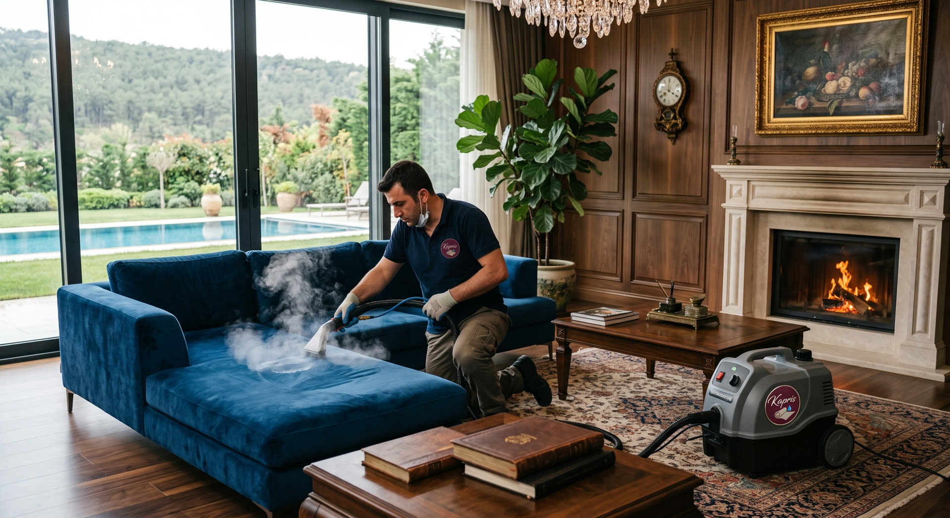 Kapris uzmanı evde koltuk buharla temizliği yapıyor